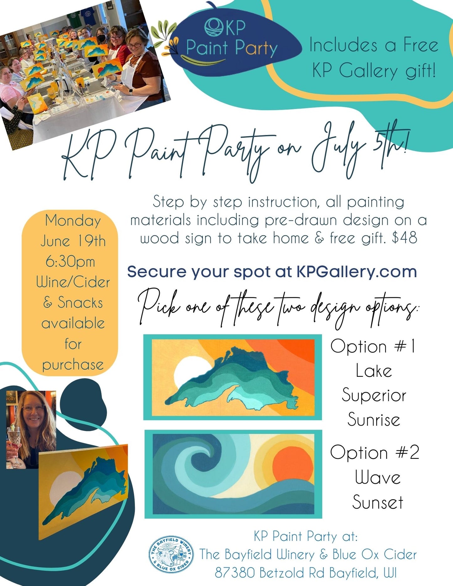 July 5th KP Paint Party!!! Lake Superior Sunrise OR Wave Sunset Design Wednesday Night 6:30pm!