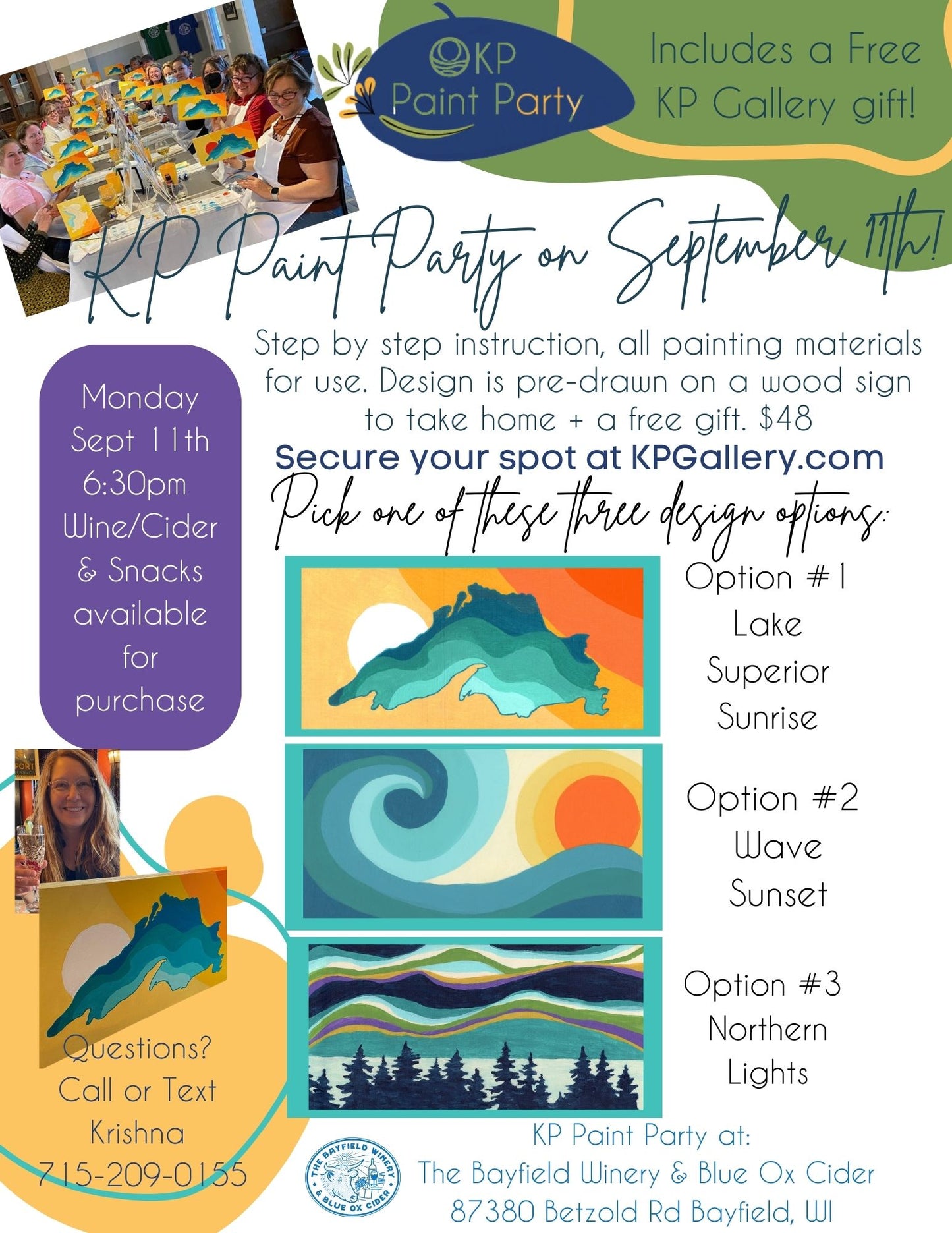 September 11th KP Paint Party!!! Choose your Design at Bayfield Winery 630pm